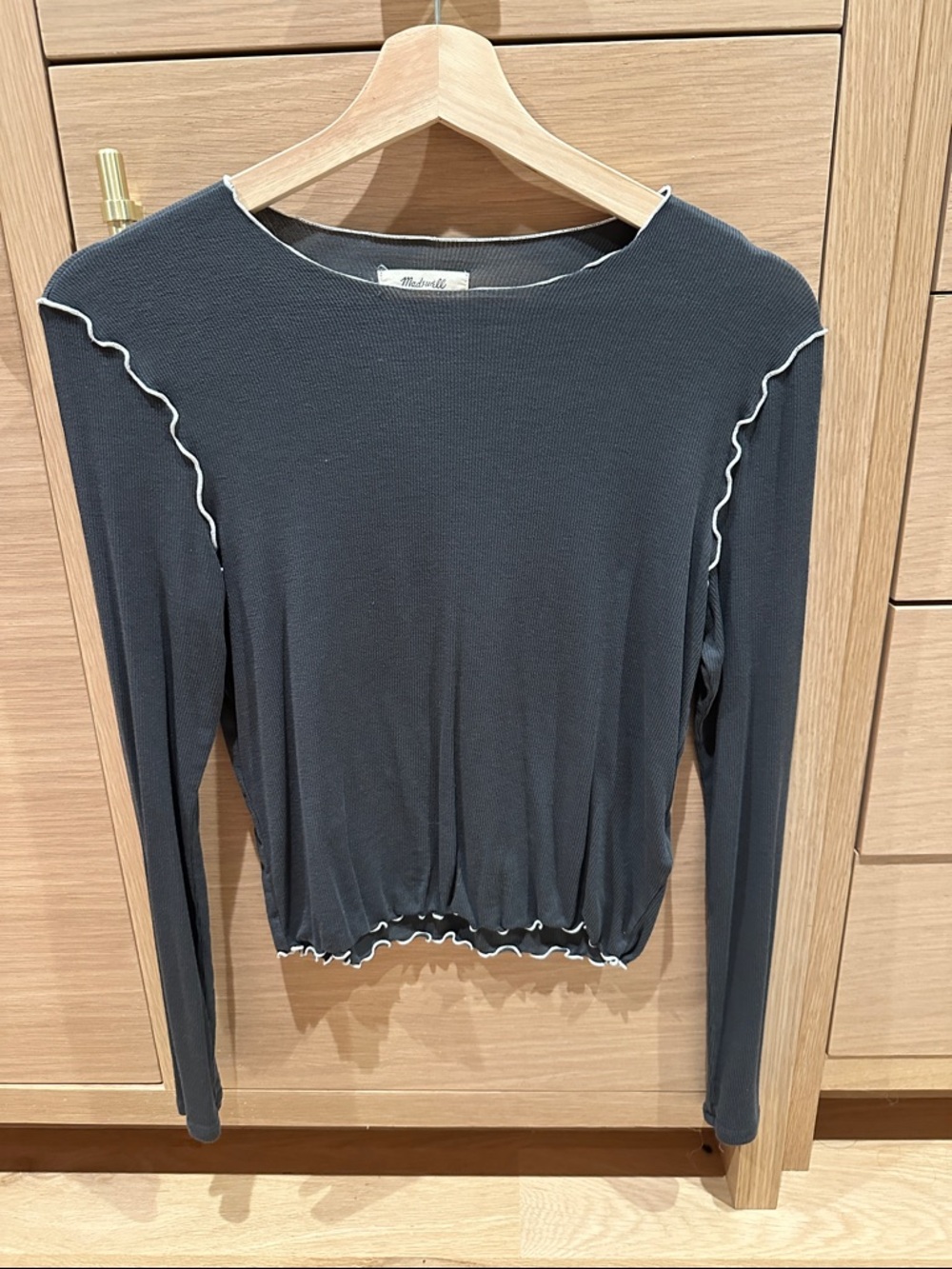 Madewell Black Long-Sleeve Top with White Lettuce-Edge Trim
